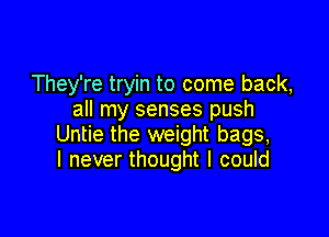 They're tryin to come back,
all my senses push

Untie the weight bags,
I never thought I could