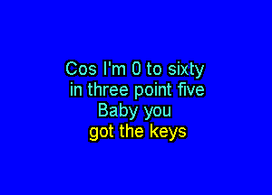 Cos I'm 0 to sixty
in three point five

Baby you
got the keys