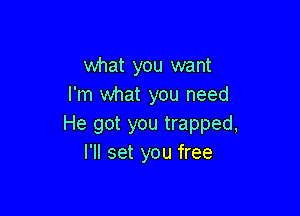 what you want
I'm what you need

He got you trapped,
I'll set you free