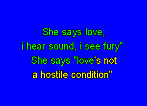 She says love,
i hear sound, i see fury

She says love's not
a hostile condition