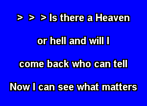 Is there a Heaven
or hell and will I

come back who can tell

Now I can see what matters