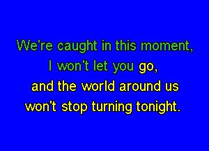 We're caught in this moment,
I won't let you go,

and the world around us
won't stop turning tonight.