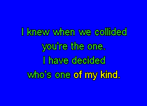 I knew when we collided
you're the one.

I have decided
who's one of my kind.