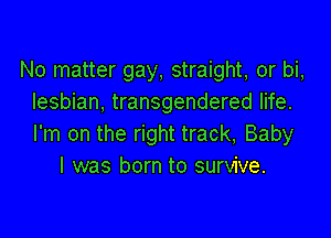 No matter gay, straight, or bi,
lesbian, transgendered life.

I'm on the right track, Baby
I was born to survive.
