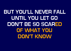 BUT YOU'LL NEVER FALL
UNTIL YOU LET GO
DON'T BE SO SCARED
OF WHAT YOU
DON'T KNOW