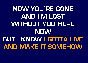 NOW YOU'RE GONE
AND I'M LOST
WITHOUT YOU HERE
NOW
BUT I KNOWI GOTTA LIVE
AND MAKE IT SOMEHOW