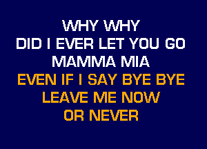 WHY WHY
DID I EVER LET YOU GO
MAMMA MIA
EVEN IF I SAY BYE BYE
LEAVE ME NOW
0R NEVER