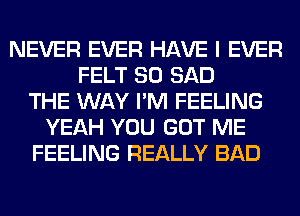 NEVER EVER HAVE I EVER
FELT SO SAD
THE WAY I'M FEELING
YEAH YOU GOT ME
FEELING REALLY BAD