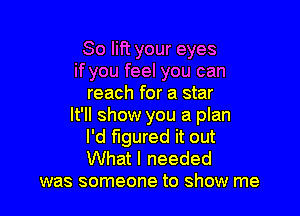 So lift your eyes
if you feel you can
reach for a star

It'll show you a plan
I'd figured it out

What I needed
was someone to show me