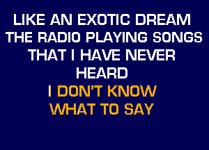 LIKE AN EXOTIC DREAM
THE RADIO PLAYING SONGS

THAT I HAVE NEVER
HEARD
I DON'T KNOW
WHAT TO SAY
