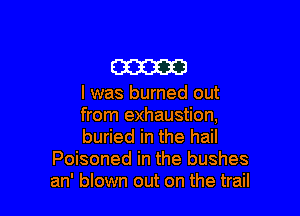 am

I was burned out

from exhaustion,

buried in the hail
Poisoned in the bushes
an' blown out on the trail