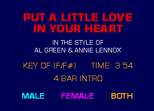 IN THE STYLE OF
AL GREEN SxANNIE LENNUX

KEY OF EFXFM TIME 8154
4 BAR INTRO

MALE