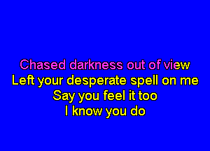 Chased darkness out of view

Left your desperate spell on me
Say you feel it too
I know you do