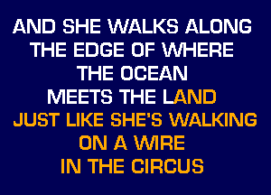AND SHE WALKS ALONG
THE EDGE OF WHERE
THE OCEAN

MEETS THE LAND
JUST LIKE SHE'S WALKING

ON A WIRE
IN THE CIRCUS