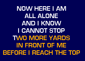 NOW HERE I AM
ALL ALONE
AND I KNOW
I CANNOT STOP
TWO MORE YARDS
IN FRONT OF ME
BEFORE I REACH THE TOP
