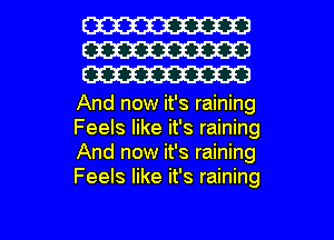 W
W
W

And now it's raining
Feels like it's raining
And now it's raining
Feels like it's raining

g