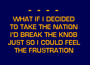 WHAT IF I DECIDED
TO TAKE THE NATION
I'D BREAK THE KNOB
JUST SO I COULD FEEL

THE FRUSTRATION
