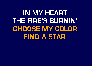 IN MY HEART
THE FIRE'S BURNIN'
CHOOSE MY COLOR

FIND A STAR