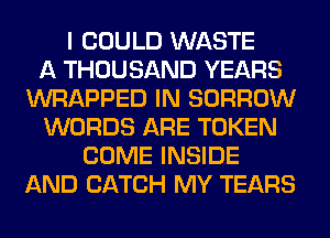 I COULD WASTE
A THOUSAND YEARS
WRAPPED IN BORROW
WORDS ARE TOKEN
COME INSIDE
AND CATCH MY TEARS