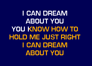 I CAN DREAM
ABOUT YOU
YOU KNOW HOW TO
HOLD ME JUST RIGHT
I CAN DREAM
ABOUT YOU