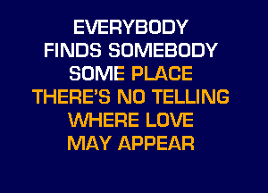 EVERYBODY
FINDS SOMEBODY
SOME PLACE
THERE'S N0 TELLING
WHERE LOVE
MAY APPEAR