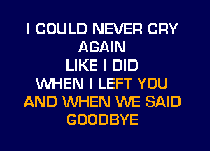 I COULD NEVER CRY
AGAIN
LIKE I DID
WHEN I LEFT YOU
AND WHEN WE SAID
GOODBYE