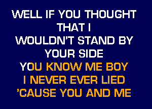 WELL IF YOU THOUGHT
THAT I
WOULDN'T STAND BY
YOUR SIDE
YOU KNOW ME BOY
I NEVER EVER LIED
'CAUSE YOU AND ME