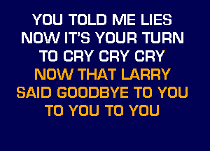YOU TOLD ME LIES
NOW ITS YOUR TURN
T0 CRY CRY CRY
NOW THAT LARRY
SAID GOODBYE TO YOU
TO YOU TO YOU