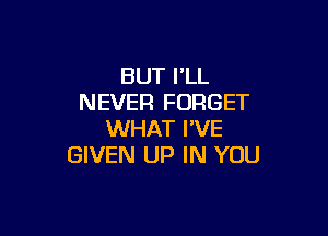 BUT I'LL
NEVER FORGET

WHAT I'VE
GIVEN UP IN YOU