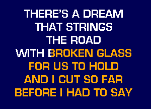 THERE'S A DREAM
THAT STRINGS
THE ROAD
WITH BROKEN GLASS
FOR US TO HOLD
AND I OUT SO FAR
BEFORE I HAD TO SAY