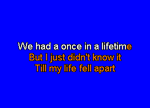 We had a once in a lifetime

But I just didn't know it
Till my life fell apart