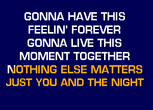 GONNA HAVE THIS
FEELIM FOREVER
GONNA LIVE THIS

MOMENT TOGETHER

NOTHING ELSE MATTERS
JUST YOU AND THE NIGHT