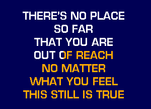 THERES N0 PLACE
SO FAR
THAT YOU ARE
OUT OF REACH
NO MATTER
WHAT YOU FEEL
THIS STILL IS TFIUE