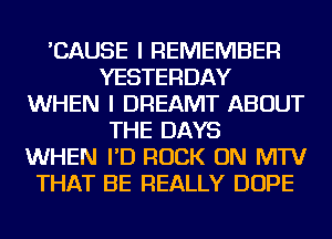 'CAUSE I REMEMBER
YESTERDAY
WHEN I DREAMT ABOUT
THE DAYS
WHEN I'D ROCK ON MTV
THAT BE REALLY DOPE