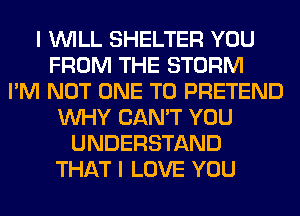 I WILL SHELTER YOU
FROM THE STORM
I'M NOT ONE TO PRETEND
WHY CAN'T YOU
UNDERSTAND
THAT I LOVE YOU