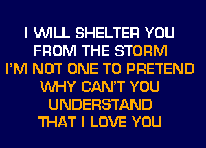 I WILL SHELTER YOU
FROM THE STORM
I'M NOT ONE TO PRETEND
WHY CAN'T YOU
UNDERSTAND
THAT I LOVE YOU