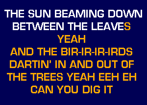 THE SUN BEAMING DOWN
BETWEEN THE LEAVES
YEAH
AND THE BlR-lR-lR-IRDS
DARTIN' IN AND OUT OF
THE TREES YEAH EEH EH
CAN YOU DIG IT