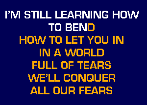 I'M STILL LEARNING HOW
TO BEND
HOW TO LET YOU IN
IN A WORLD
FULL OF TEARS
WE'LL CONGUER
ALL OUR FEARS