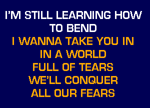 I'M STILL LEARNING HOW
TO BEND
I WANNA TAKE YOU IN
IN A WORLD
FULL OF TEARS
WE'LL CONGUER
ALL OUR FEARS