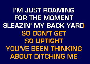 I'M JUST ROAMING
FOR THE MOMENT
SLEAZIM MY BACK YARD
SO DON'T GET
SO UPTIGHT
YOU'VE BEEN THINKING
ABOUT DITCHING ME