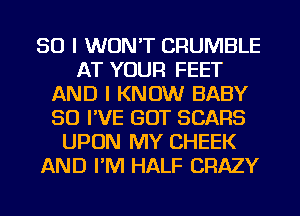 SO I WON'T CRUMBLE
AT YOUR FEET
AND I KNOW BABY
SO I'VE GOT SEARS
UPON MY CHEEK
AND I'M HALF CRAZY