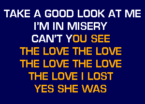 TAKE A GOOD LOOK AT ME
I'M IN MISERY
CAN'T YOU SEE

THE LOVE THE LOVE
THE LOVE THE LOVE
THE LOVE I LOST
YES SHE WAS