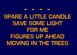 SPARE A LITTLE CANDLE
SAVE SOME LIGHT
FOR ME
FIGURES UP AHEAD
MOVING IN THE TREES