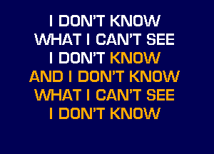 I DON'T KNOW
WHAT I CAN'T SEE
I DON'T KNOW
AND I DON'T KNOW
WHAT I CANT SEE
I DON'T KNOW