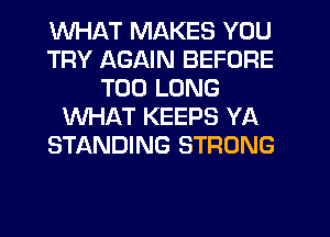 WHl-KT MAKES YOU
TRY AGAIN BEFORE
T00 LONG
WHAT KEEPS YA
STANDING STRONG