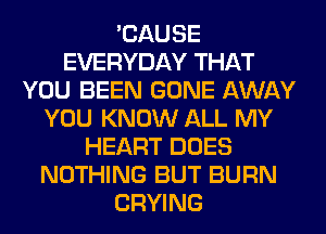 'CAUSE
EVERYDAY THAT
YOU BEEN GONE AWAY
YOU KNOW ALL MY
HEART DOES
NOTHING BUT BURN
CRYING
