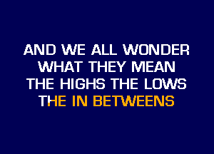 AND WE ALL WONDER
WHAT THEY MEAN
THE HIGHS THE LOWS
THE IN BETWEENS