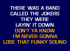 THERE WAS A BAND
CALLED THE JOKERS
THEY WERE
LAYIN' IT DOWN
DON'T YA KNOW
I'M NEVER GONNA
LOSE THAT FUNKY SOUND