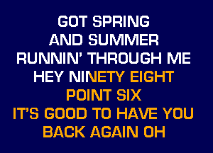 GOT SPRING
AND SUMMER
RUNNIN' THROUGH ME
HEY NINETY EIGHT
POINT SIX
ITS GOOD TO HAVE YOU
BACK AGAIN 0H