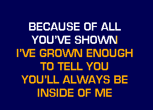 BECAUSE OF ALL
YOUVE SHOWN
I'VE GROWN ENOUGH
TO TELL YOU
YOU'LL ALWAYS BE
INSIDE OF ME